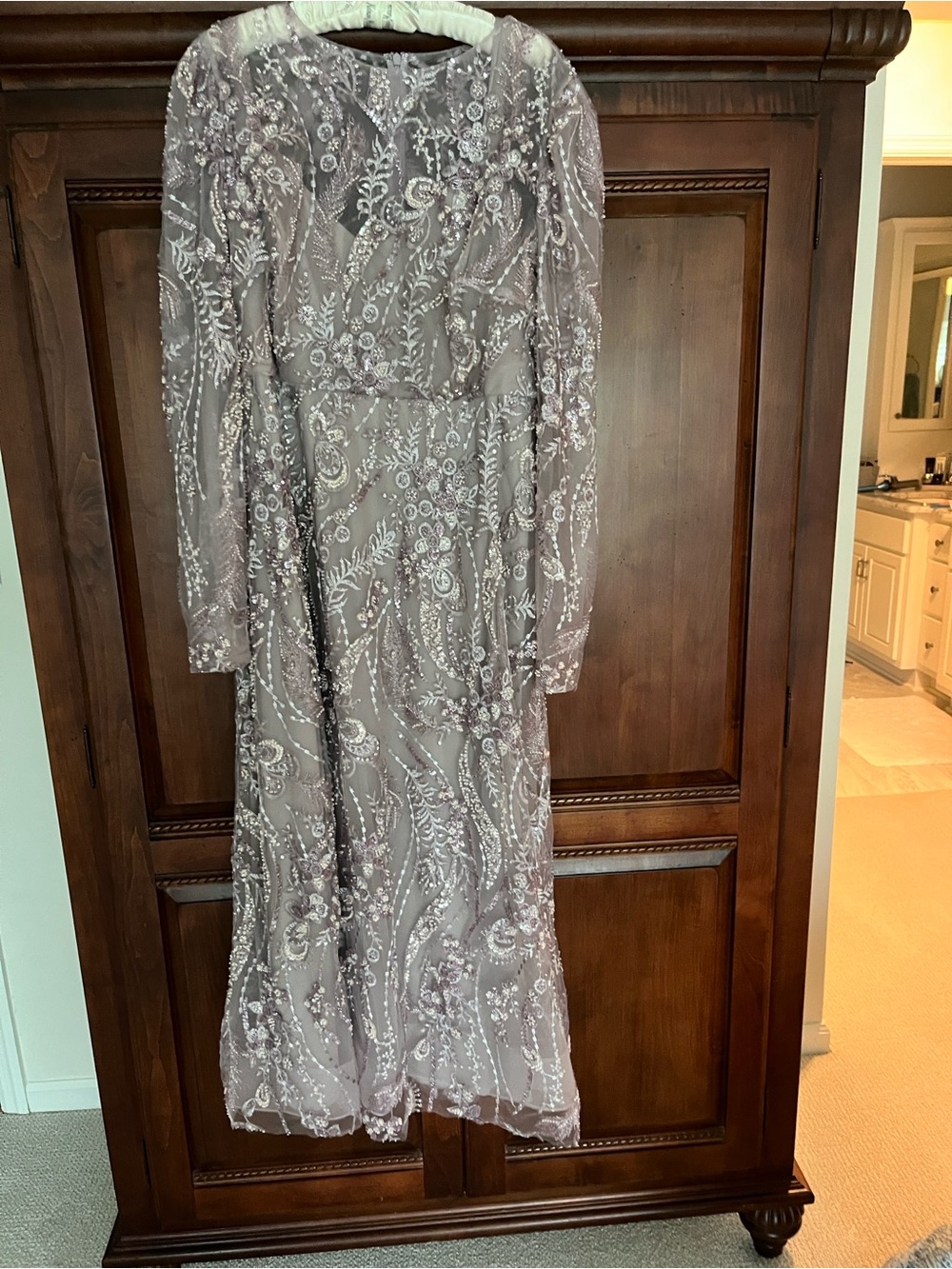 Mac Duggal Long Sleeve Beaded Lace Evening Gown in Mauve